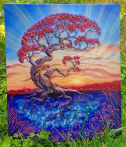 Oeuvre en relief de la peintre Clémentine Degaine [ Rainbow Flow, nommé l'arbre des équilibres cachés, illustrant un arbre type bonzai avec des racines baignant dans le cosmos. Le relief est visible partout sur le tableau et le fond du paysage est un lever de soleil, les tons sont bleu outremer turquoise rouge orange et jaune